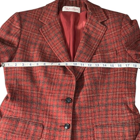 Vintage Evan Picone Red Plaid Tweed Blazer Jacket Shoulder Pad 2 Buttons No Size - Picture 8 of 11